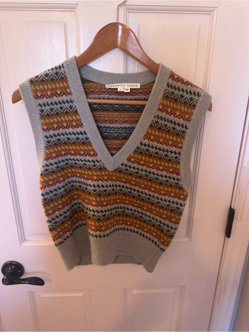 Veronica Beard Light Gray, Mustard & Forest Fair Isle V-Neck Sweater Vest